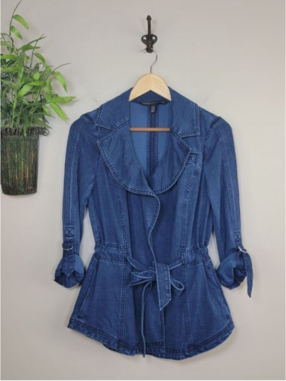 WHBM 0 Denim Lyocell Soft Jacket Tie Belted Waist Roll Tab Sleeves Indigo Blue